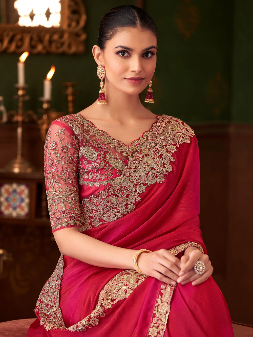 Pink Pink Party Wear Chiffon Embellished Saree