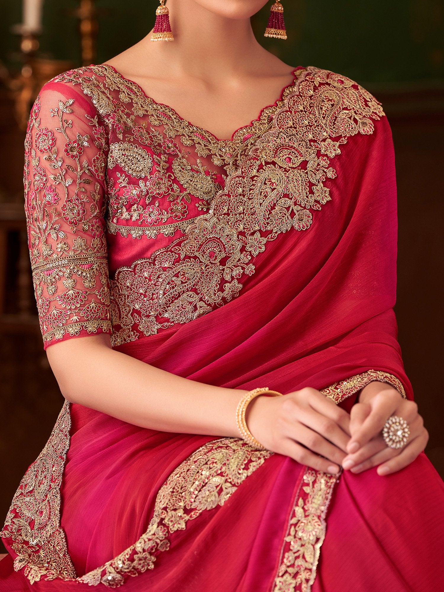 Pink Party Wear Chiffon Embellished Saree
