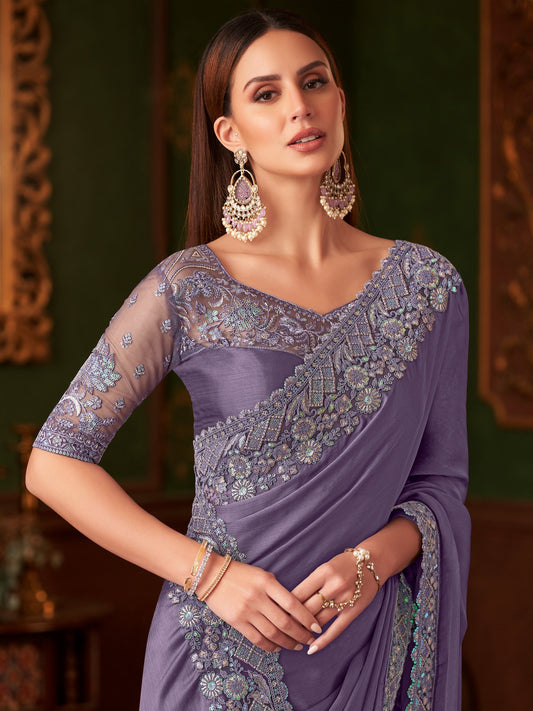 Purple Violet Party Wear Chiffon Embellished Saree