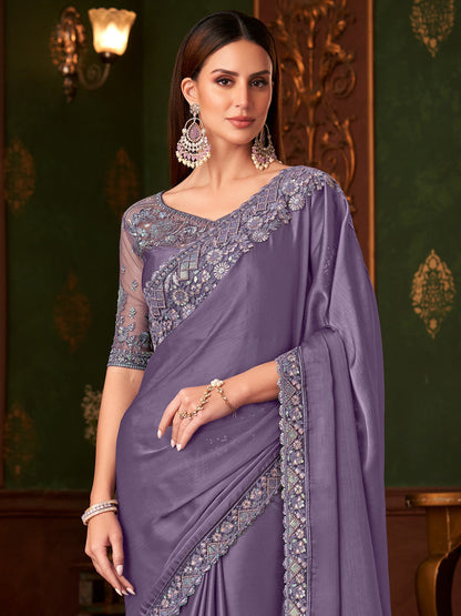 Violet Party Wear Chiffon Embellished Saree