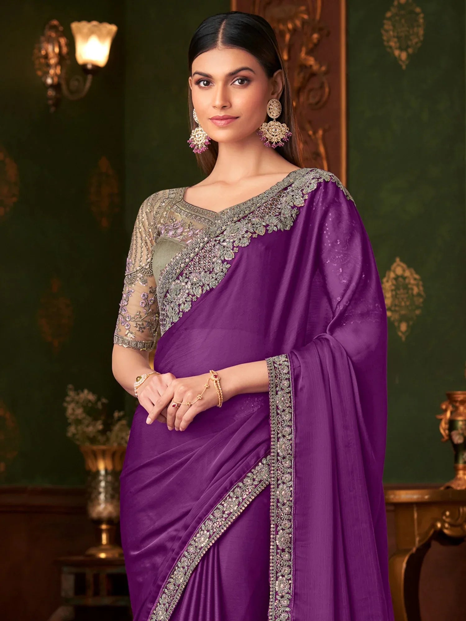 Purple Party Wear Chiffon Embellished Saree