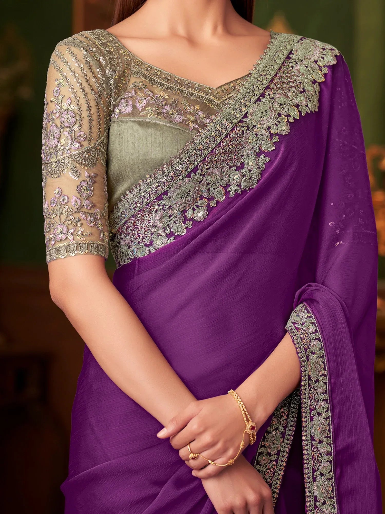 Purple Party Wear Chiffon Embellished Saree