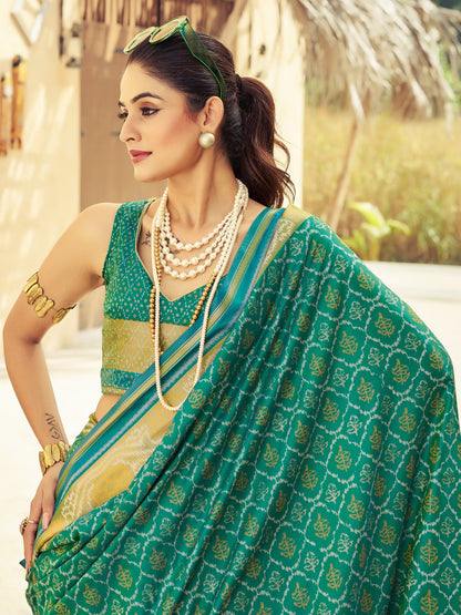 Teal Pochampally Soft Silk Woven Saree