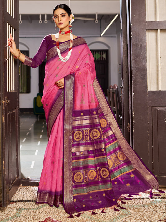 Pink Pink Banarasi Raw Silk Woven Saree