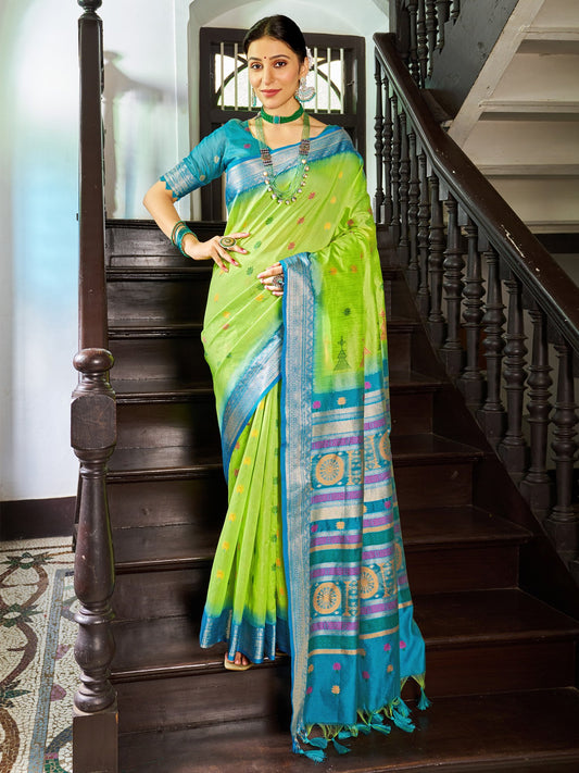 Green Light Banarasi Raw Silk Woven Saree