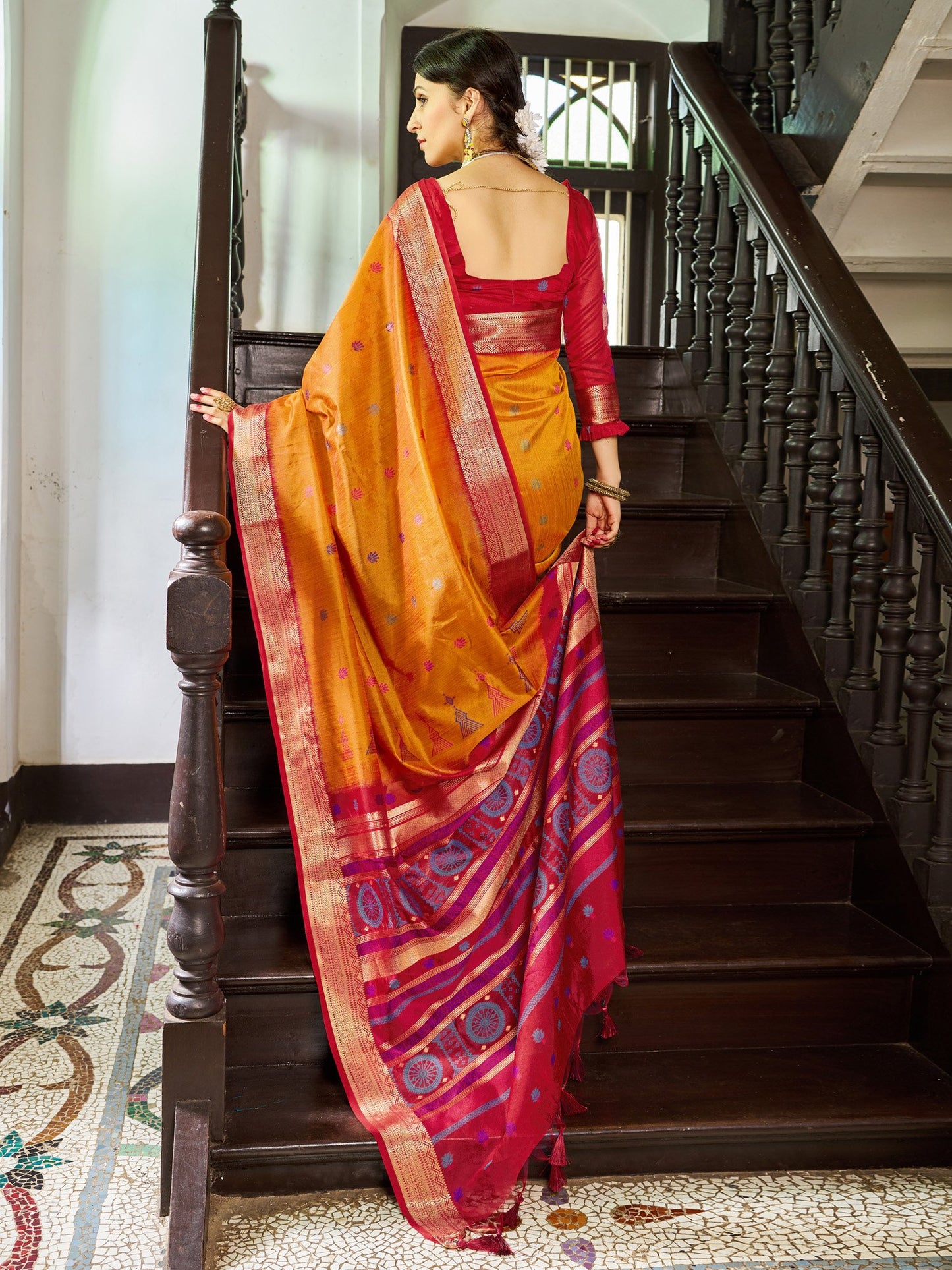 Yellow Banarasi Raw Silk Woven Saree