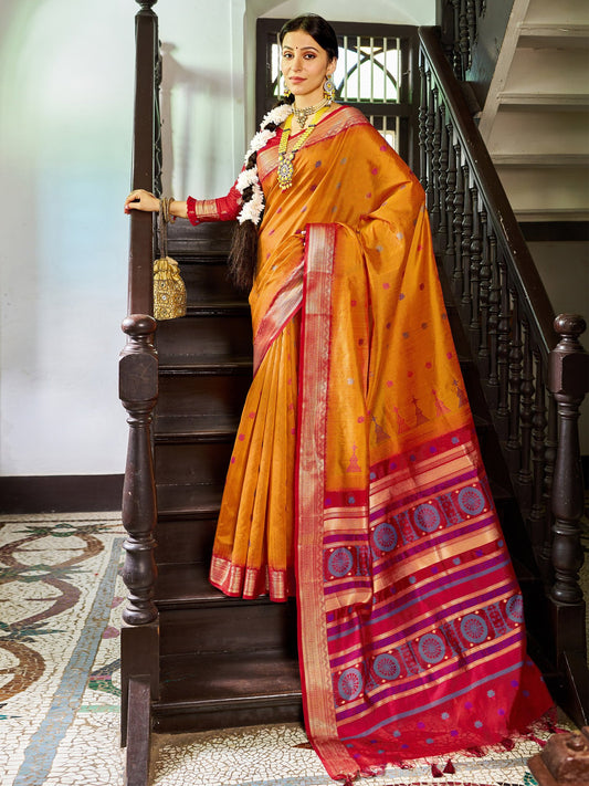 Yellow Yellow Banarasi Raw Silk Woven Saree