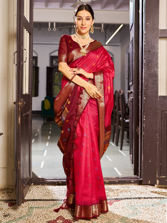 Pink Pink Banarasi Raw Silk Woven Saree