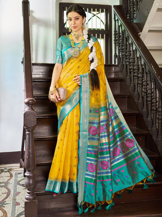 Yellow Yellow Banarasi Raw Silk Woven Saree