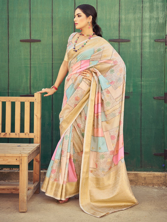 Multicolor Multicolored Block Print Silk Blend Woven Saree