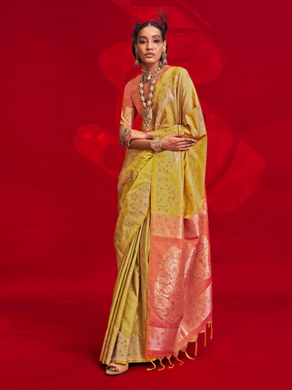 Yellow Yellow Banarasi Tussar Silk Woven Saree