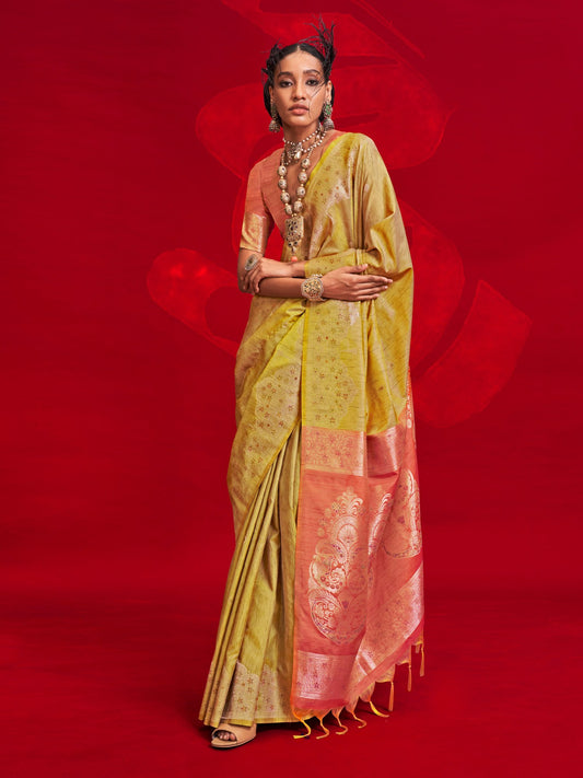 Yellow Yellow Banarasi Tussar Silk Woven Saree