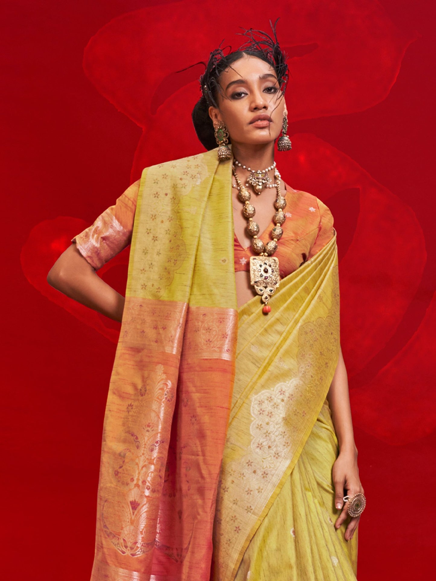 Yellow Banarasi Tussar Silk Woven Saree