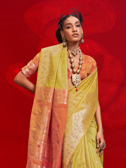 Yellow Banarasi Tussar Silk Woven Saree