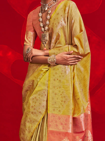 Yellow Banarasi Tussar Silk Woven Saree