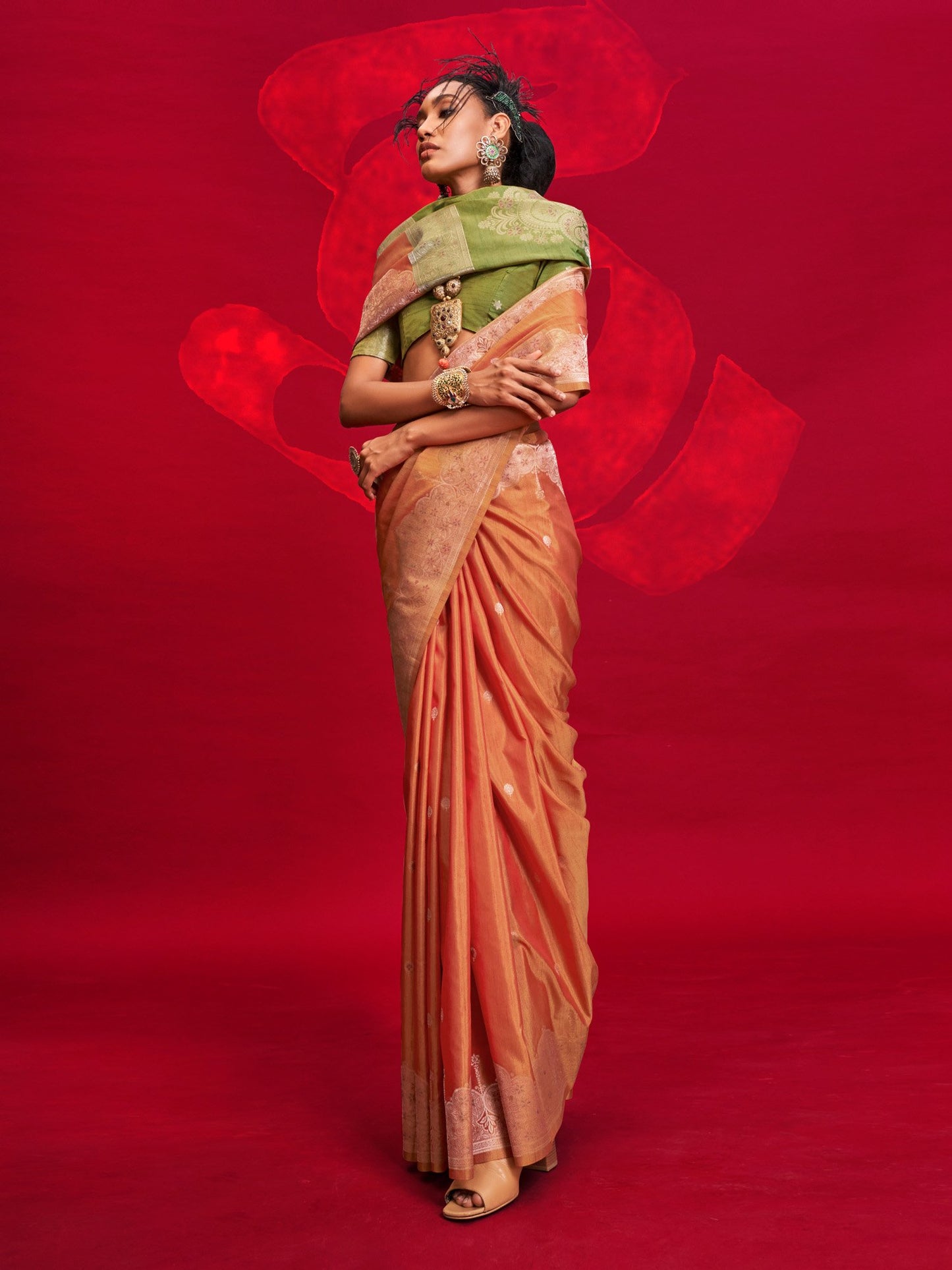 Orange Orange Banarasi Tussar Silk Woven Saree