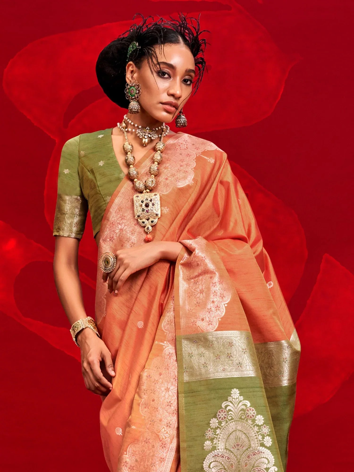 Orange Banarasi Tussar Silk Woven Saree