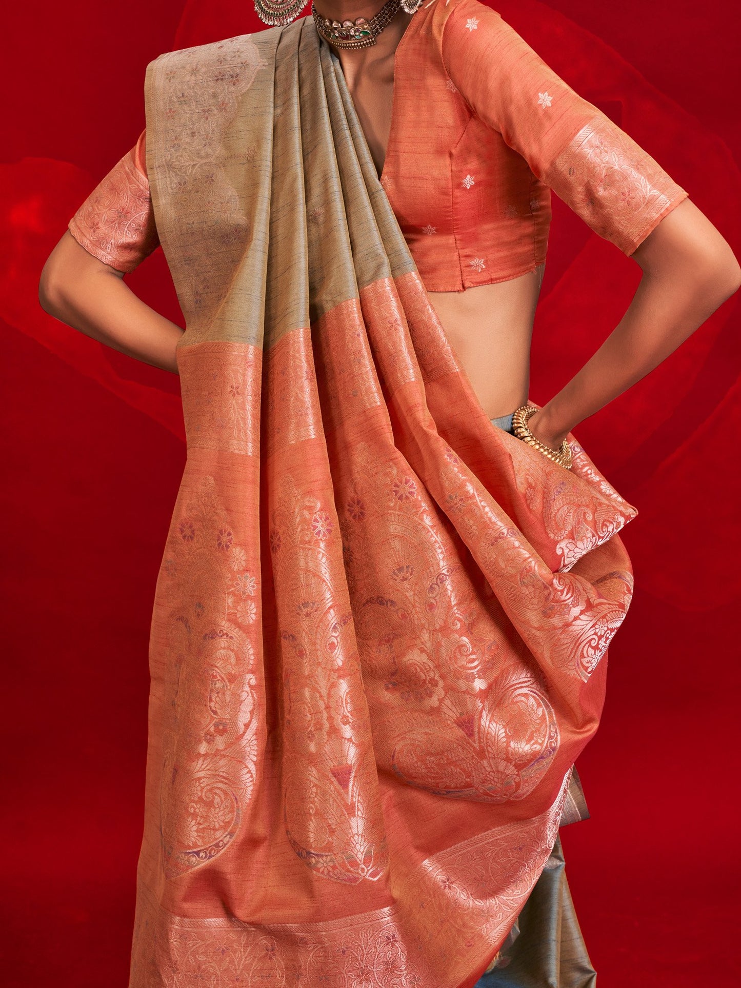 Sea Banarasi Tussar Silk Woven Saree