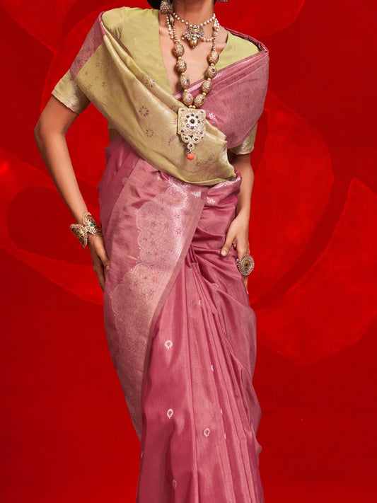 Pink Banarasi Tussar Silk Woven Saree