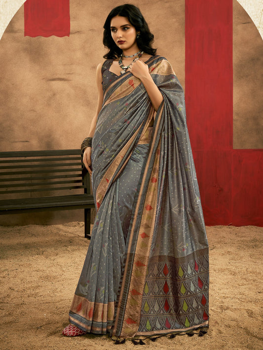 Grey Grey Sungudi Tussar Silk Woven Saree