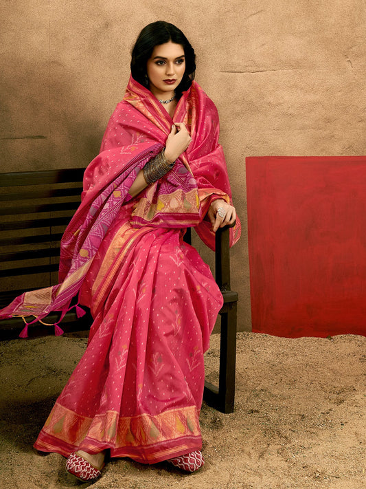 Pink Pink Sungudi Tussar Silk Woven Saree