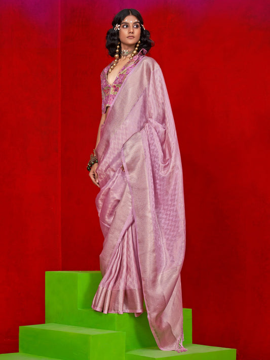 Pink Mauve Party Wear Tissue Woven Saree