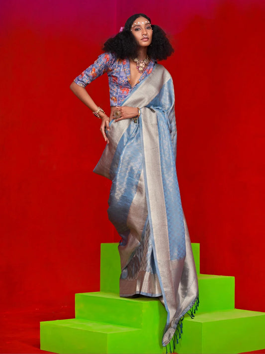 Blue Light Party Wear Tissue Woven Saree