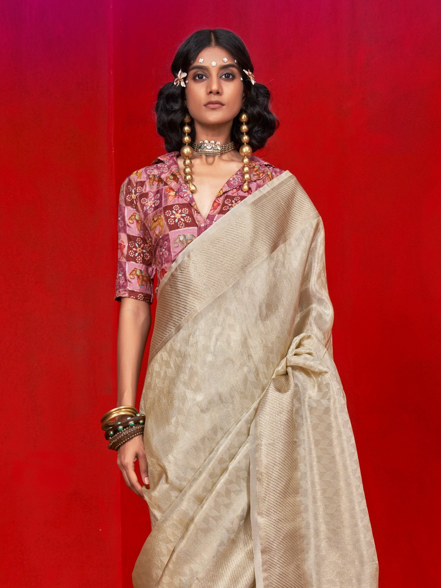 Cream Party Wear Tissue Woven Saree