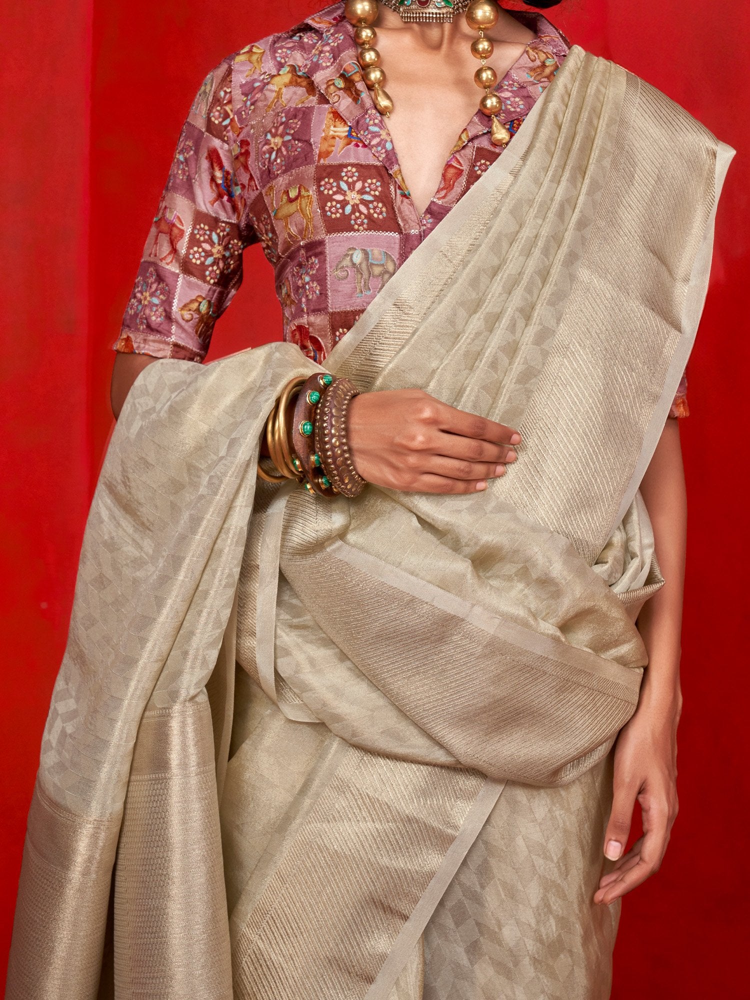 Cream Party Wear Tissue Woven Saree