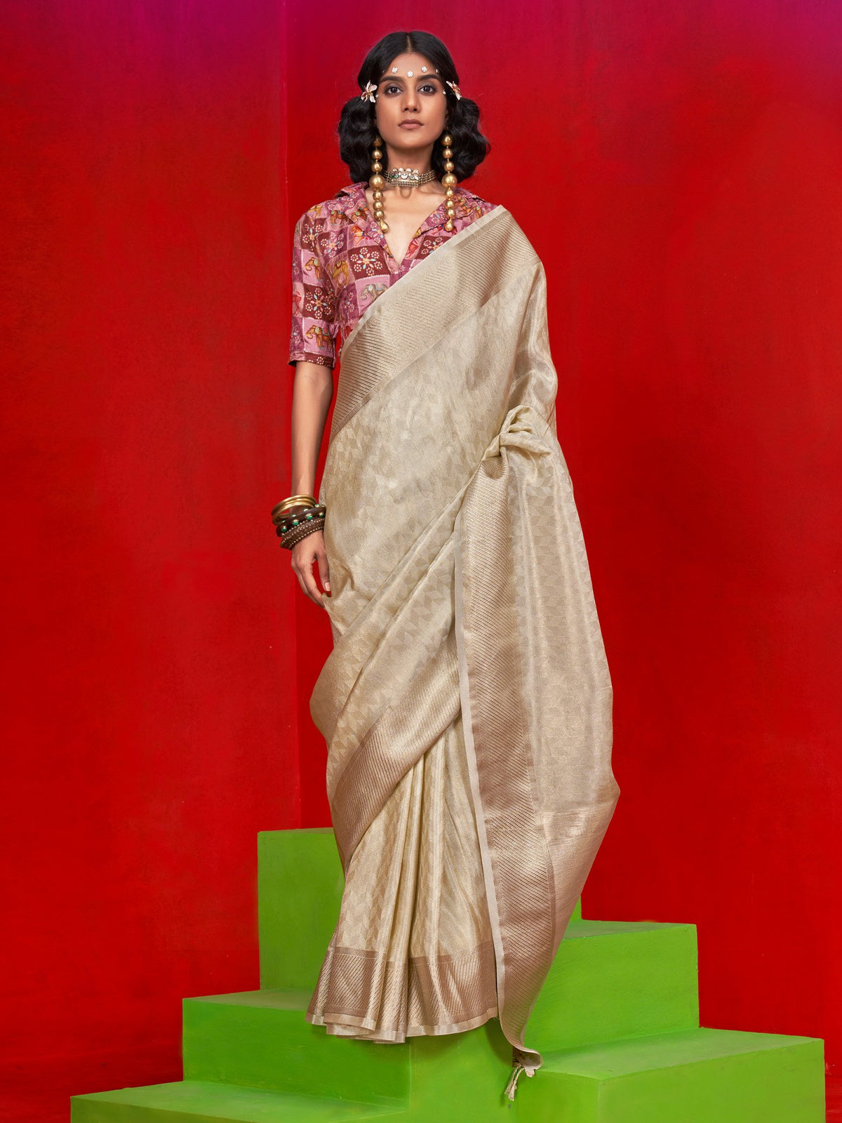 Grey Cream Party Wear Tissue Woven Saree