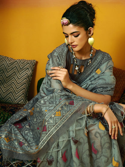 Grey Ikat Cotton Blend Woven Saree