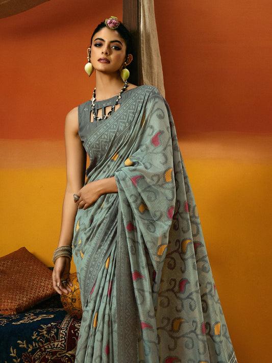 Grey Grey Ikat Cotton Blend Woven Saree