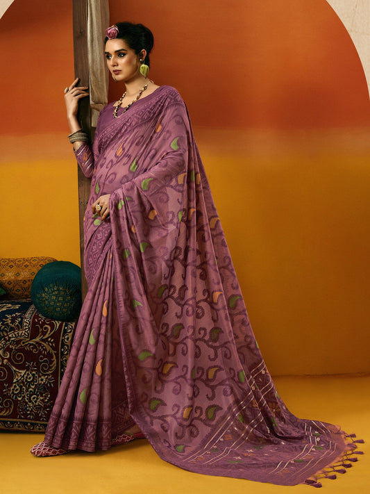 Purple Mauve Ikat Cotton Blend Woven Saree