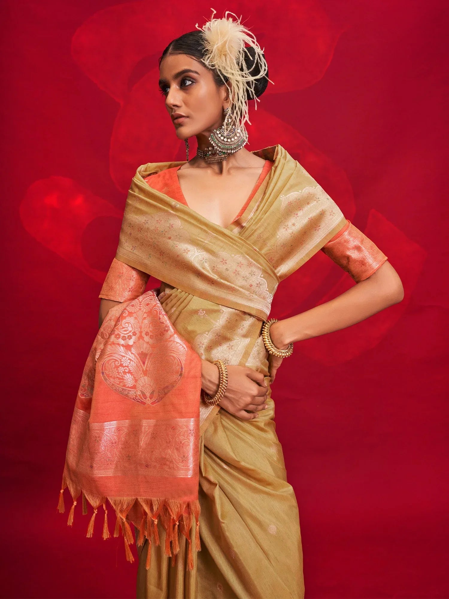 Beige Banarasi Tussar Silk Woven Saree