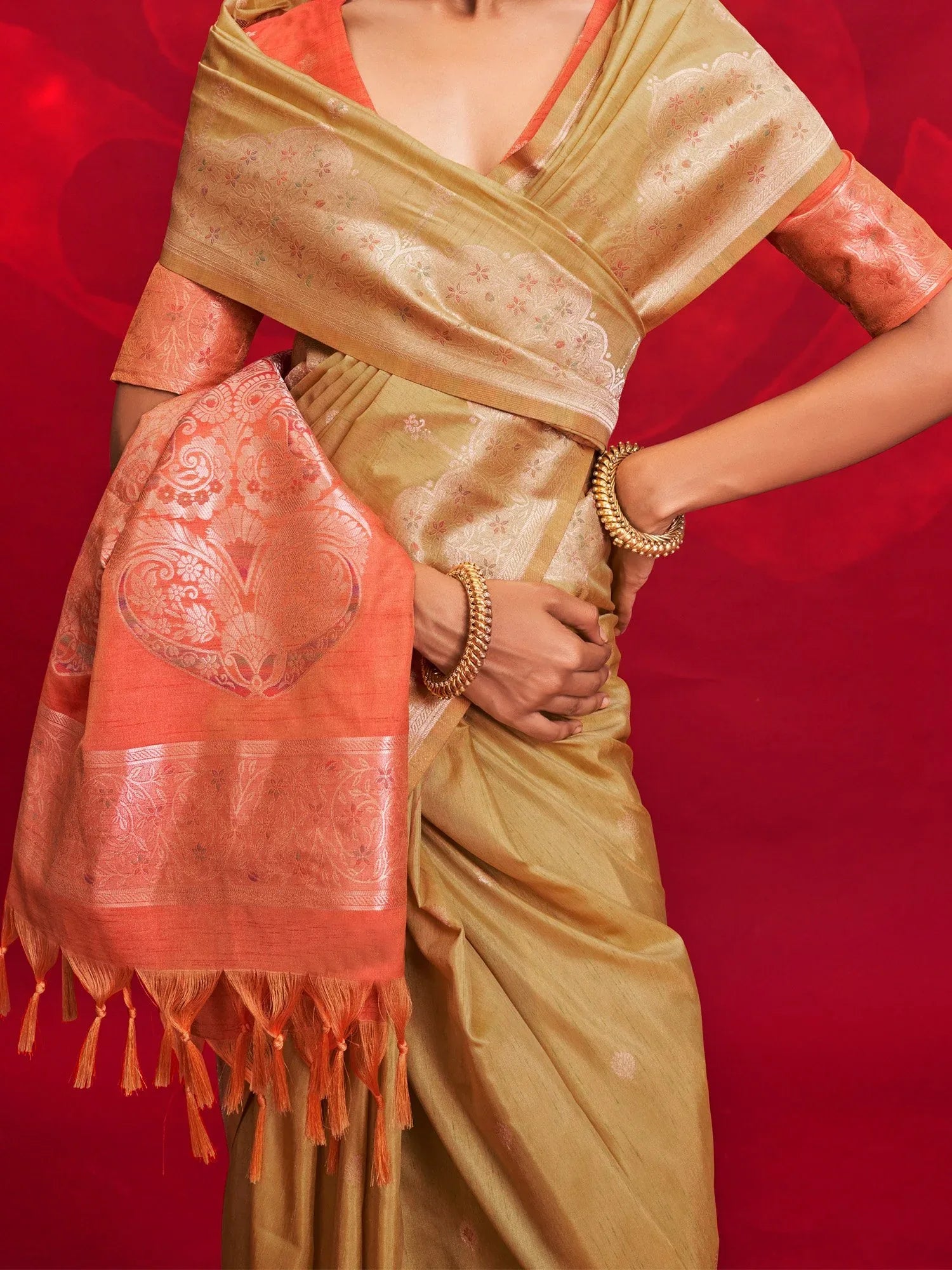 Beige Banarasi Tussar Silk Woven Saree