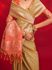 Beige Banarasi Tussar Silk Woven Saree