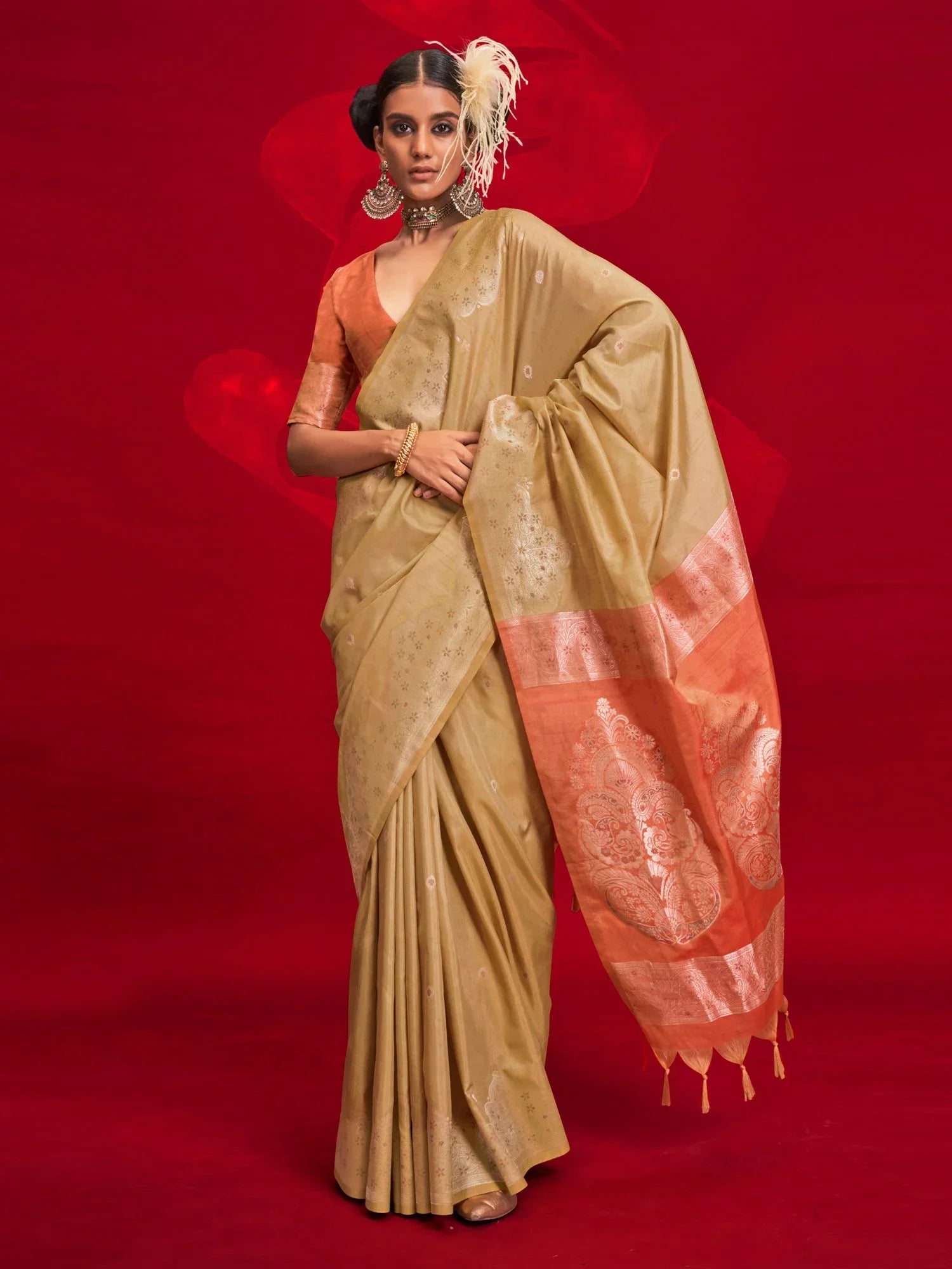 Brown Beige Banarasi Tussar Silk Woven Saree
