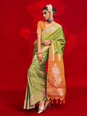 Green Banarasi Tussar Silk Woven Saree - The Dori Store