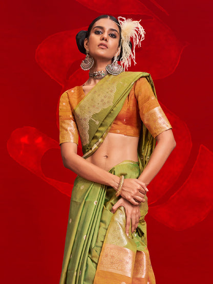 Green Banarasi Tussar Silk Woven Saree