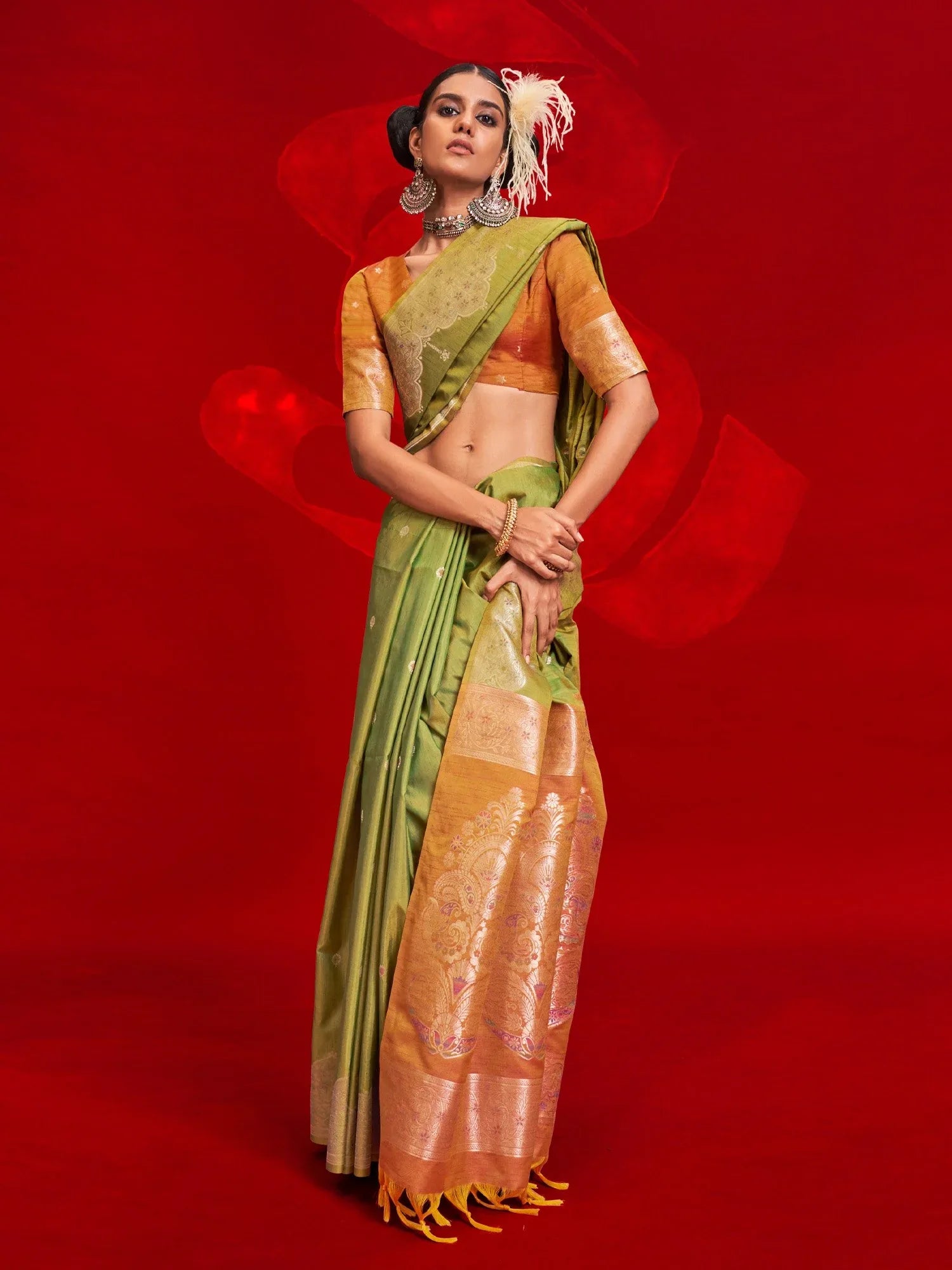 Green Banarasi Tussar Silk Woven Saree - The Dori Store