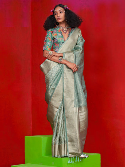 Green Sea Party Wear Tissue Woven Saree