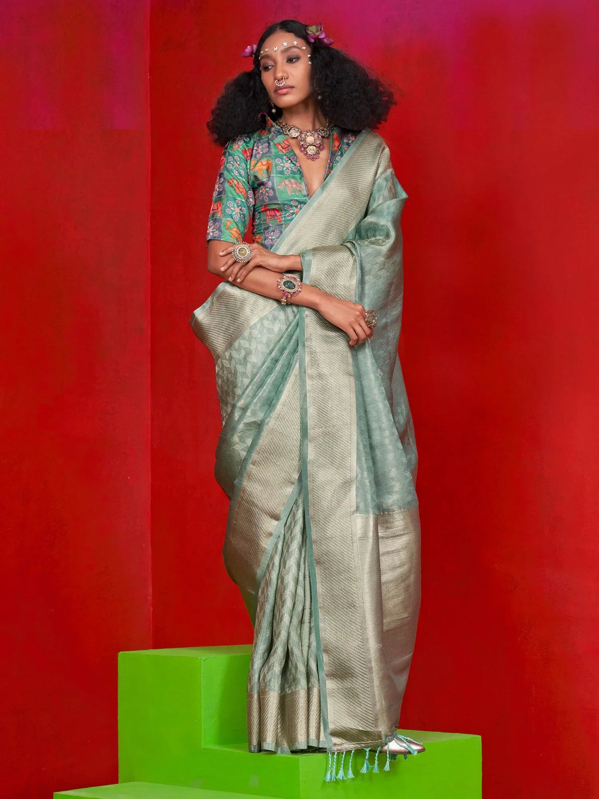Green Sea Party Wear Tissue Woven Saree