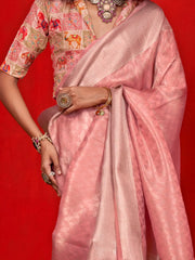 Peach Party Wear Tissue Woven Saree