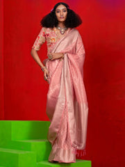 Pink Peach Party Wear Tissue Woven Saree