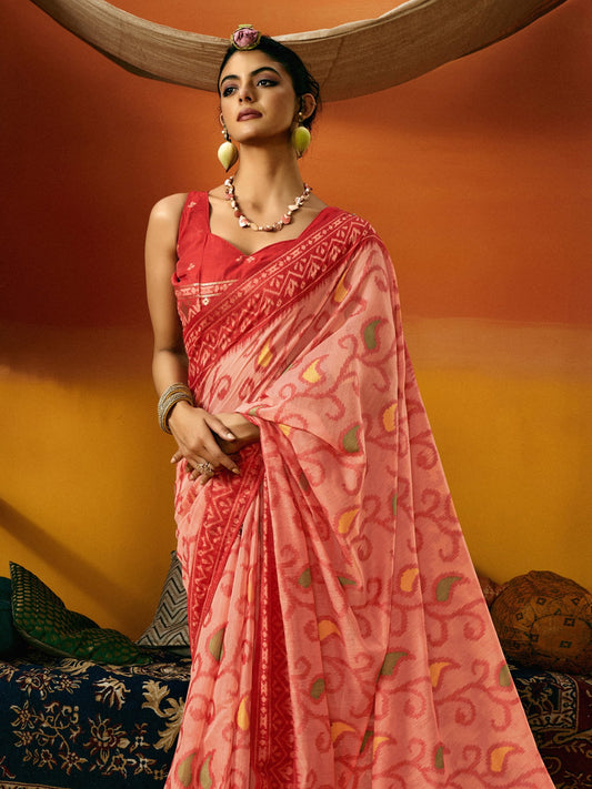 Pink Peach Ikat Cotton Blend Woven Saree