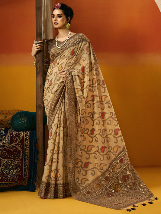 Cream Beige Ikat Cotton Blend Woven Saree