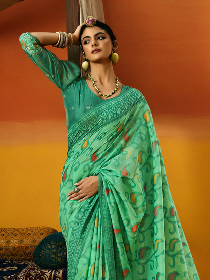 Teal Ikat Cotton Blend Woven Saree