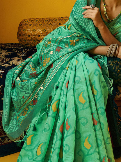 Teal Ikat Cotton Blend Woven Saree