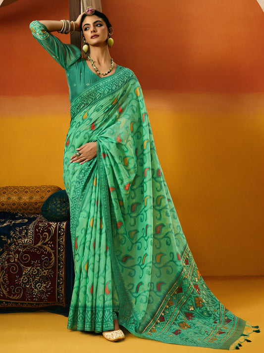Green Teal Ikat Cotton Blend Woven Saree