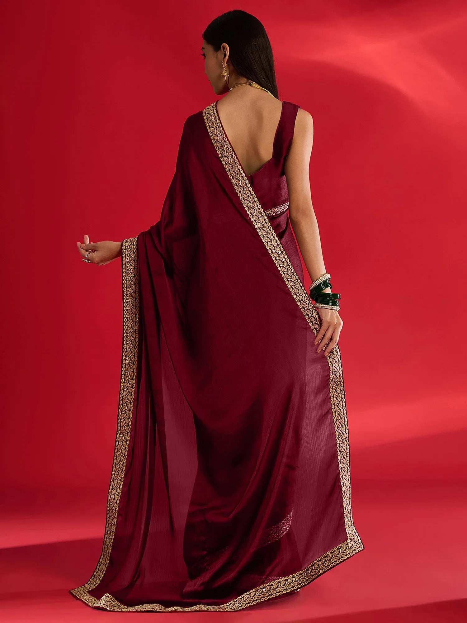Maroon Party Wear Satin Embellished Saree